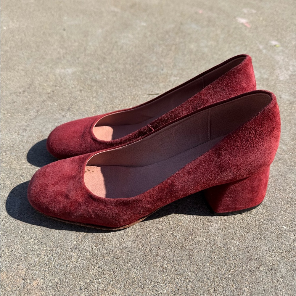 Red Velvet Block Heeled Pumps